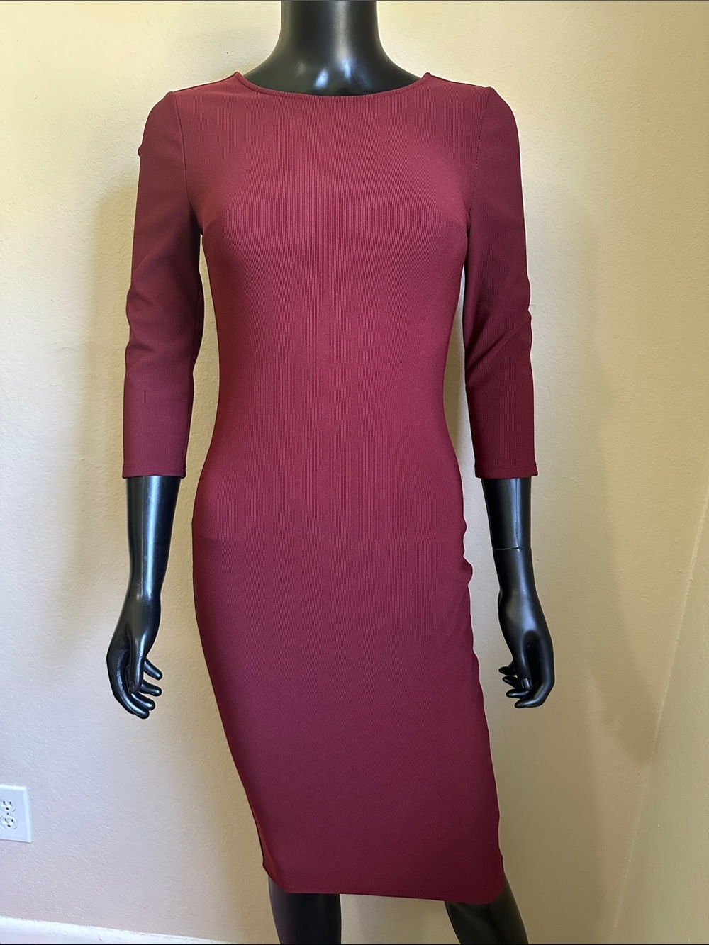 Express Wine Red Ribbed Sheath Midi Dress with V-Back Zip